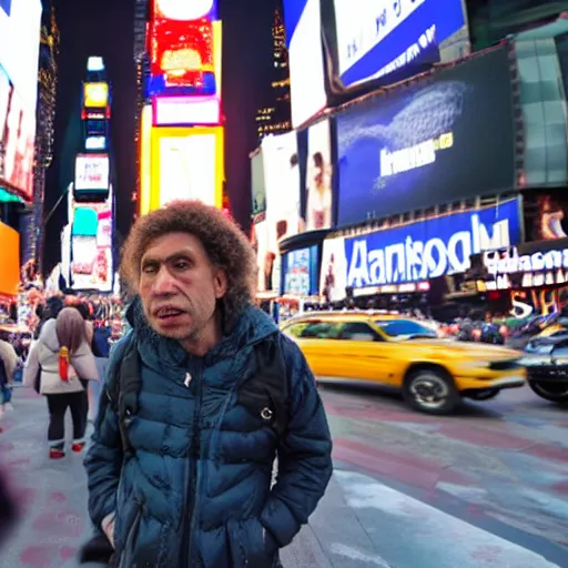 Image similar to a neanderthal confused in times square