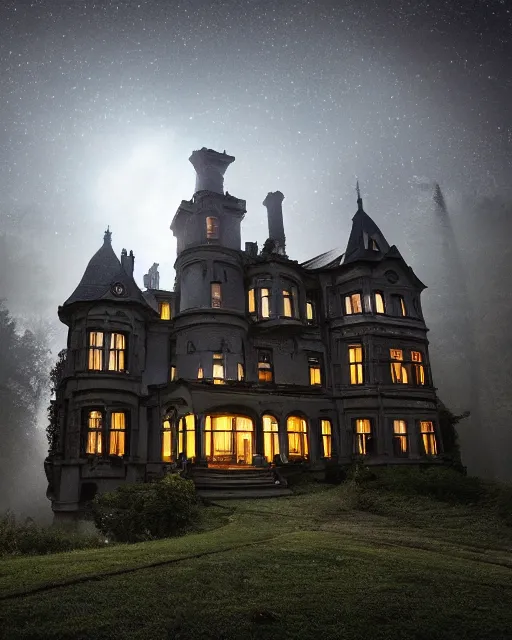 Image similar to a wide angle low photo of a colossal ghostly victorian mansion on the edge of a cliff above a misty forest at night, volumetric light, epic proportions, ultradetailed, 8 k