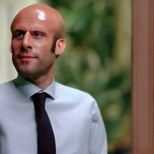 Image similar to bald and beardy Emmanuel Macron in American Psycho (1999)