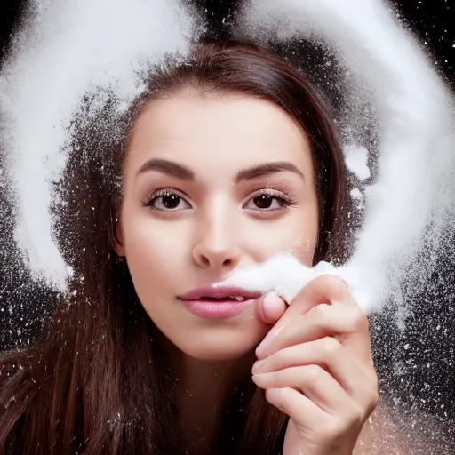 Prompt: a surprise photo of a beautiful woman with white powder all over her nose