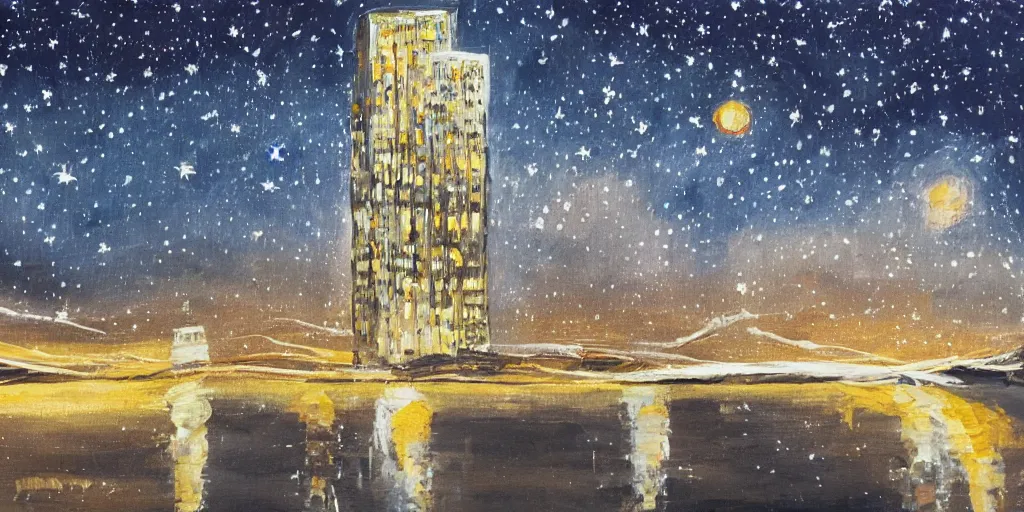 Image similar to stary night painting, norman foster tower, house, city