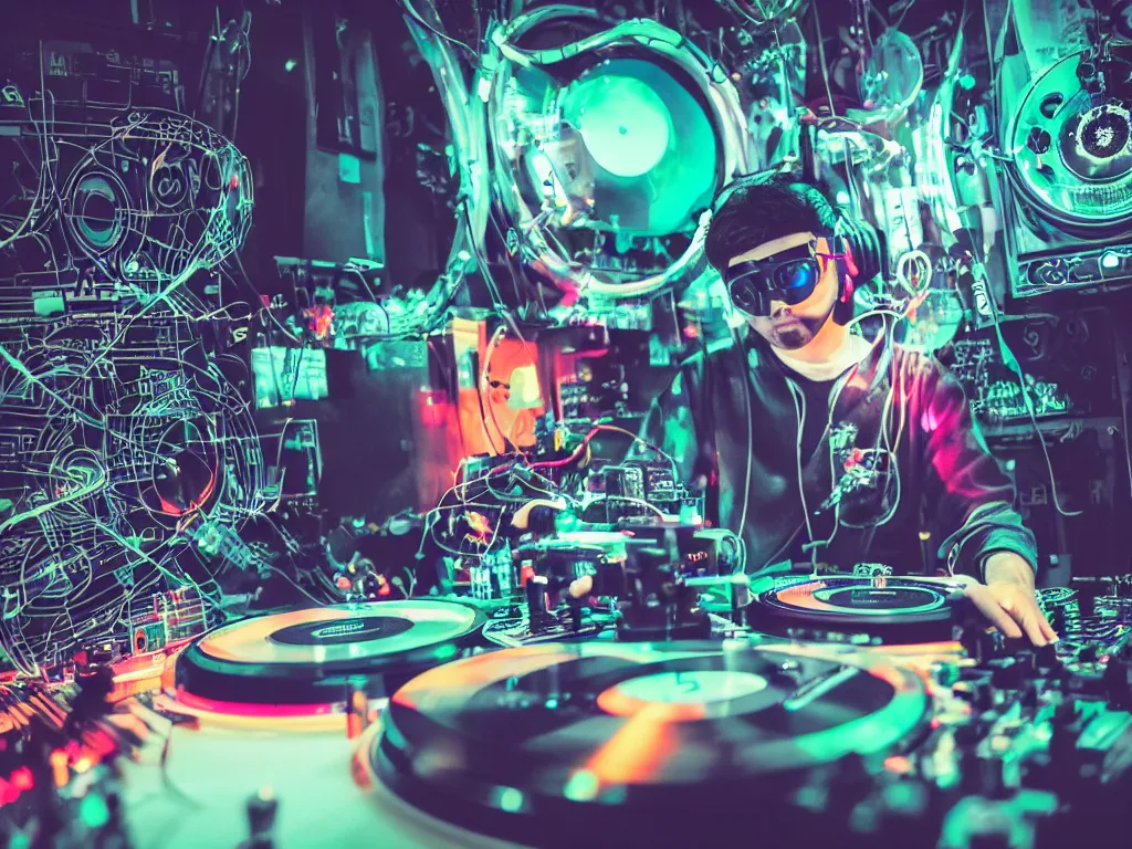Prompt: a person wearing goggles and visor and headphones using a record player, wires and tubes, turntablism dj scratching, intricate planetary gears, cinematic, imax, sharp focus, leds, bokeh, iridescent, black light, fog machine, hazy, lasers, hyper color digital art, cyberpunk