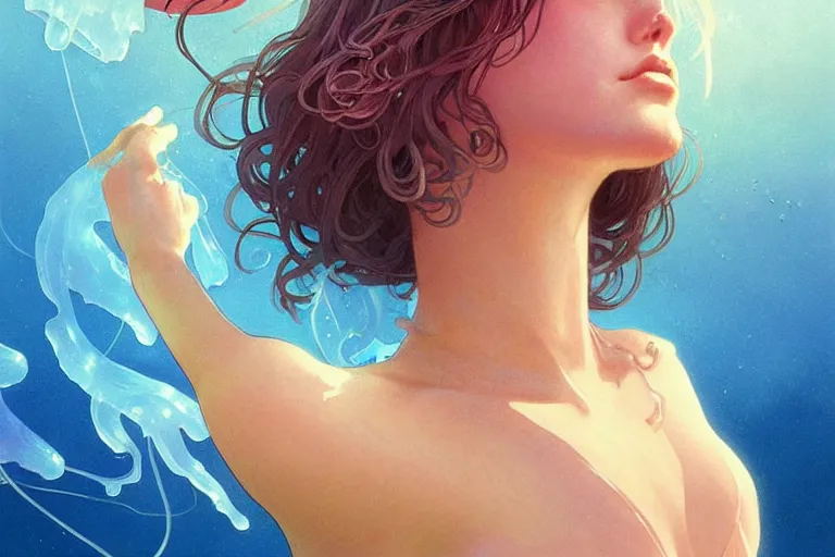 Image similar to jellyfish swim around woman in swimsuit, highly detailed, smooth, sharp focus, concept art, illustration, beautiful, geometric, trending on artstation, cinematic, art by artgerm and greg rutkowski and alphonse mucha