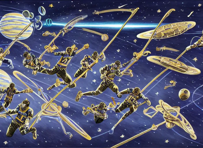 Image similar to lacrosse team playing chitauri, intergalactic championship, in space, highly detailed, 8k, intricate, engraving