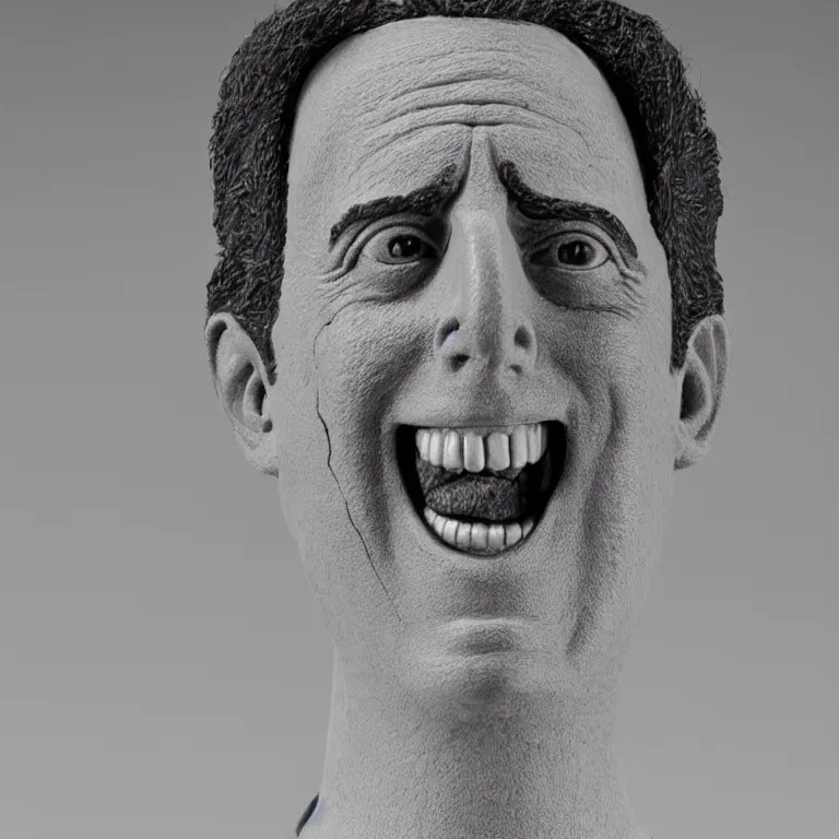 Prompt: beautiful studio photograph of colorful postmodern portrait sculpture of jerry seinfeld toothy smile, beautiful symmetrical face accurate face detailed face realistic proportions, made of charcoal - stained polymer clay on a pedestal by ron mueck and matthew barney and greg rutkowski, hysterical realism intense cinematic lighting shocking detail 8 k