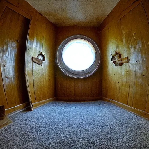 Image similar to fish eye lens, secret room upstairs, located above the family room behind the wall, clean, carpeted. accessible by secret entrance, comforting and familiar, organic, golden ratio, alive, only visited during dreams, where memories are stored but also forgotten only to be remembered again,