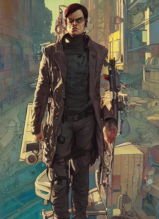 Prompt: cyberpunk dwight schrute. portrait by ashley wood and alphonse mucha and laurie greasley and josan gonzalez and james gurney. spliner cell, apex legends, rb 6 s, hl 2, d & d, cyberpunk 2 0 7 7. realistic face. vivid color. dystopian setting.