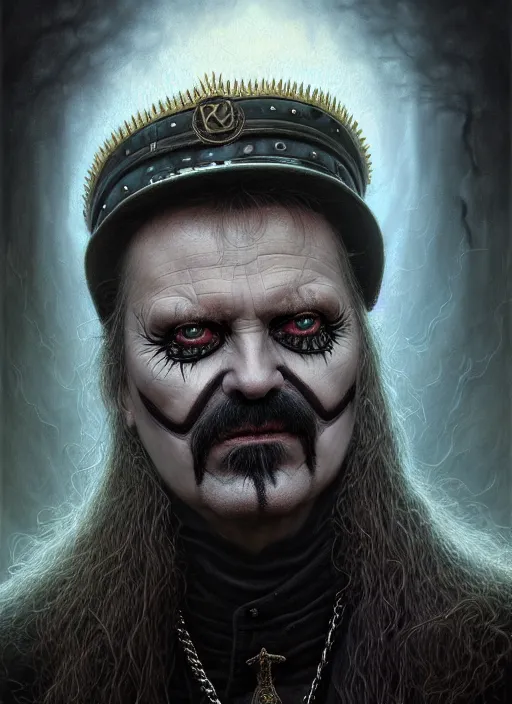 Image similar to closeup portrait shot of king diamond in a scenic dystopian environment, intricate, elegant, highly detailed, centered, digital painting, artstation, concept art, smooth, sharp focus, illustration, artgerm, tomasz alen kopera, peter mohrbacher, donato giancola, joseph christian leyendecker, wlop, boris vallejo