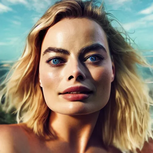 Prompt: double exposure photography of margot robbie and nature