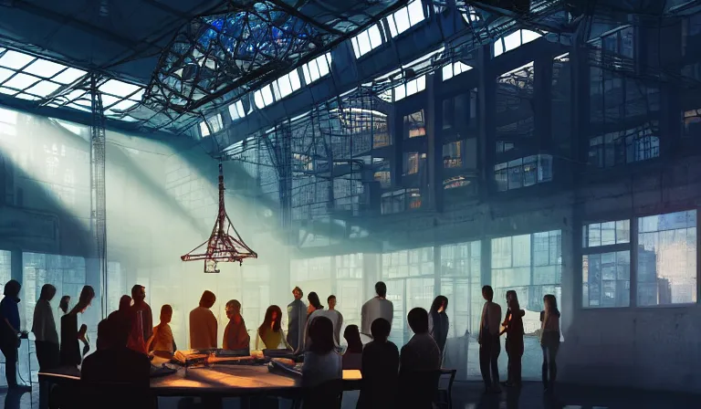 Image similar to group of people in simple warehouse, surrounding and looking at hologram of futuristic city on a table, cinematic concept art, godrays, golden hour, natural sunlight, 4 k, clear details, tabletop model buildings, center model buildings, hologram center, crane shot, crane shot, crane shot