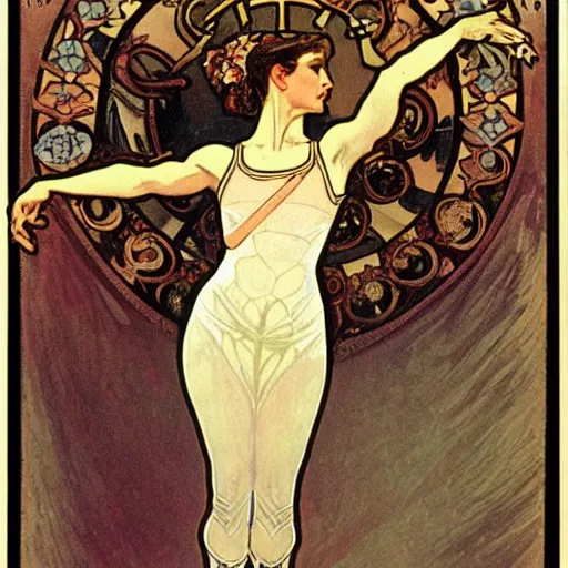 Prompt: ballerina, painted by alphonse mucha