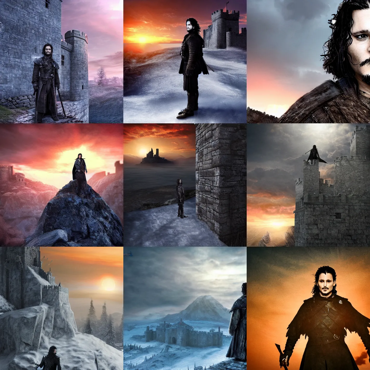 Prompt: Johnny Depp as Jon Snow, standing atop the Wall at Castle Black, digital art, volumetric lighting, sunrise, fantasy