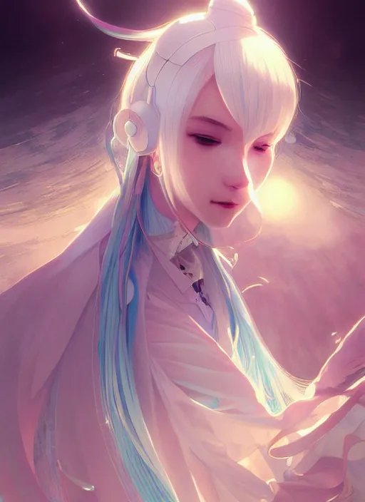 Image similar to hatsune miku, intricate, elegant, highly detailed, digital painting, artstation, concept art, smooth, sharp focus, illustration, art by artgerm and greg rutkowski and alphonse mucha