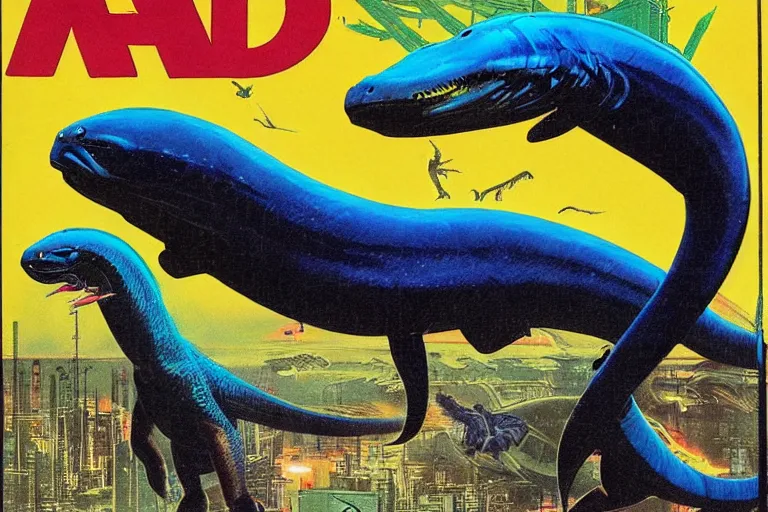 Image similar to 1979 OMNI Magazine Cover depicting An electric eel flying at a dinosaur. Cyberpunk Akira style by Vincent Di Fate