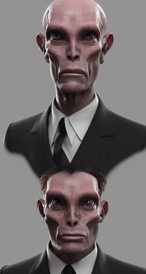 Prompt: portrait of a human like male alien wearing a suit, artstation, cgsociety