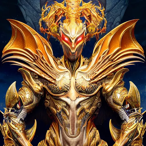 Image similar to a beautiful symmetrical muscular full body wearing a dragon armor with wings made of golden ornaments and gems, by alex gray and android jones , Karol Bak, Ayami Kojima, Amano , concept art, character design, fantasy,3D, 8k resolution