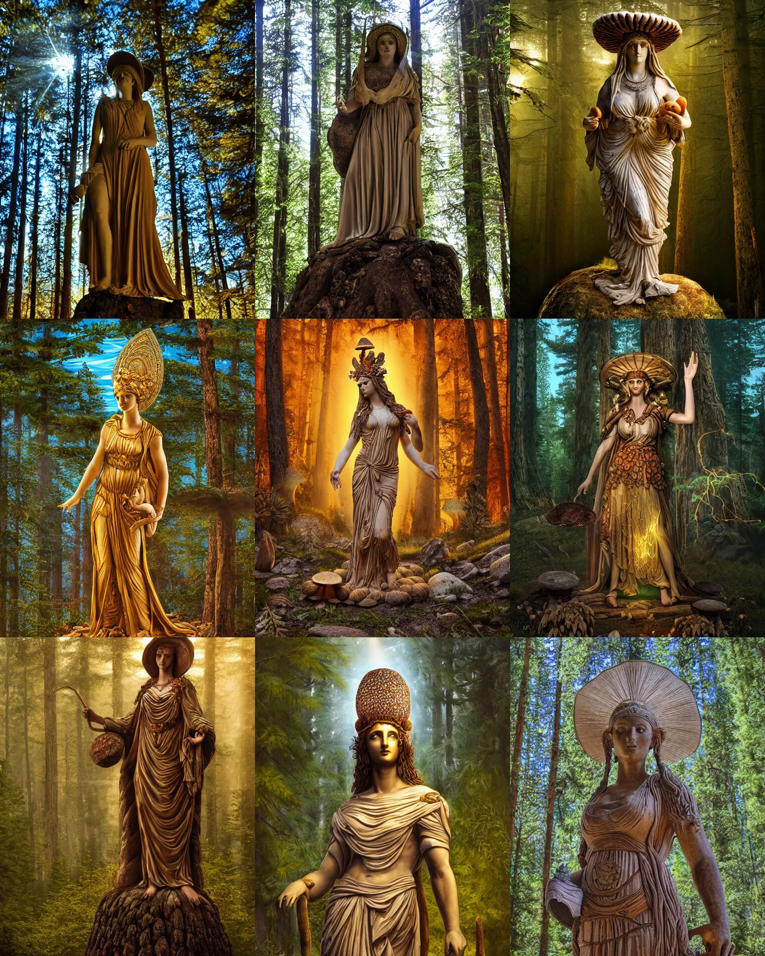 Prompt: Ancient statue of wise greek mushroom goddess wearing pagan clothes and large stylized amarita muscaria hat lost in the heart of the pristine cedar forest | dramatic light | cinematic lighting | sunshafts, volumetric lighting | golden hour | style of donato giancola | subsurface scattering | rtx on