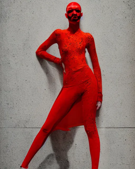 Image similar to olivia wearing an outfit made of glowing red hot lava, model at new york fashion week, black hair, freckles, pale skin, half body photo by greg rutkowski, bright lighting, soft colors, female beauty, intricate detail, elegance, sharp shapes, 3 5 mm, depth of field, masterpiece