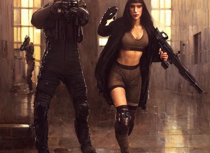 Prompt: Maria evades sgt Nash. Cyberpunk hacker in jumpsuit escaping menacing police troopers (blade runner 2049). beautiful face. Epic painting by john william waterhouse and Edwin Longsden Long and Theodore Ralli and Nasreddine Dinet, oil on canvas. Cinematic, hyper realism, realistic proportions, dramatic lighting, high detail 4k