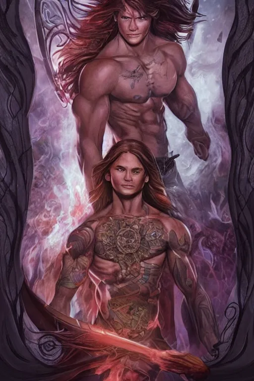 Image similar to muscular sam winchester as a mage tattooed in the cover of an acotar book, sarah j. maas, d & d!, fantasy style, sharp focus!, ultra detailed, art by artgerm, wlop, ilya kuvshinov