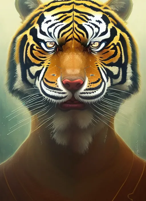 Image similar to symmetry!! portrait of a hybrid robot tiger, midsommar style, intricate, elegant, highly detailed, digital painting, artstation, concept art, smooth, sharp focus, illustration, art by artgerm and greg rutkowski and alphonse mucha, 8 k