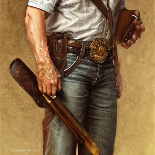 Prompt: portrait painting tallahassee woody harrelson from zombieland with a cowboy hat and bloody golf club, ultra realistic, concept art, intricate details, eerie, highly detailed, photorealistic, octane render, 8 k, unreal engine. art by artgerm and greg rutkowski and alphonse mucha