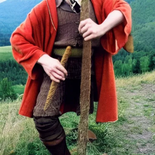 Image similar to ronald weasley, as a bavarian, enjoying the foothills, photo realistic, happy.