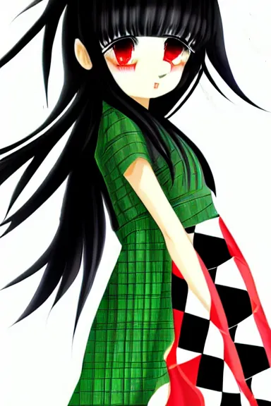 Image similar to mysterious girl child with her long black hair dressed in a chequered robe anime art style, big green diamond on her hand, digital art, hd, 4 k, hyper detailed