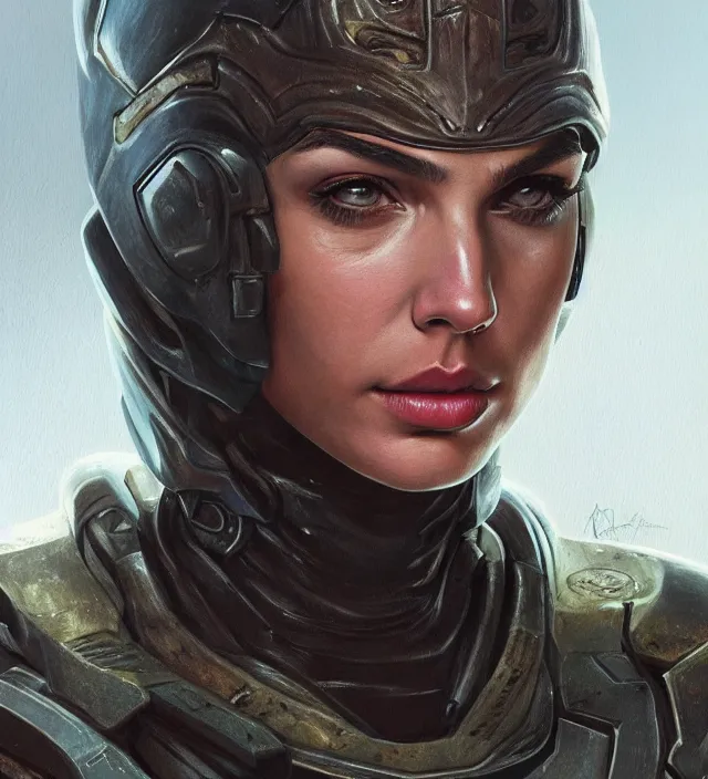 Image similar to detailed portrait of gal gadot as doomguy, attractive, beautiful, fantasy, intricate, elegant, highly detailed, digital painting, artstation, concept art, matte, sharp focus, illustration, art by aenaluck, artgerm and roberto ferri and greg rutkowski, epic fantasy, digital painting