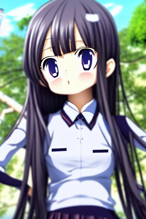 Prompt: full body anime portrait of a cute android girl round eyes long hair dressed in a school uniform inside the school cinematic stunning highly detailed 4 k anatomically correct