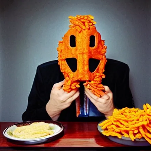 Image similar to “MF DOOM eating Cheetos, Fritos, and Doritos”