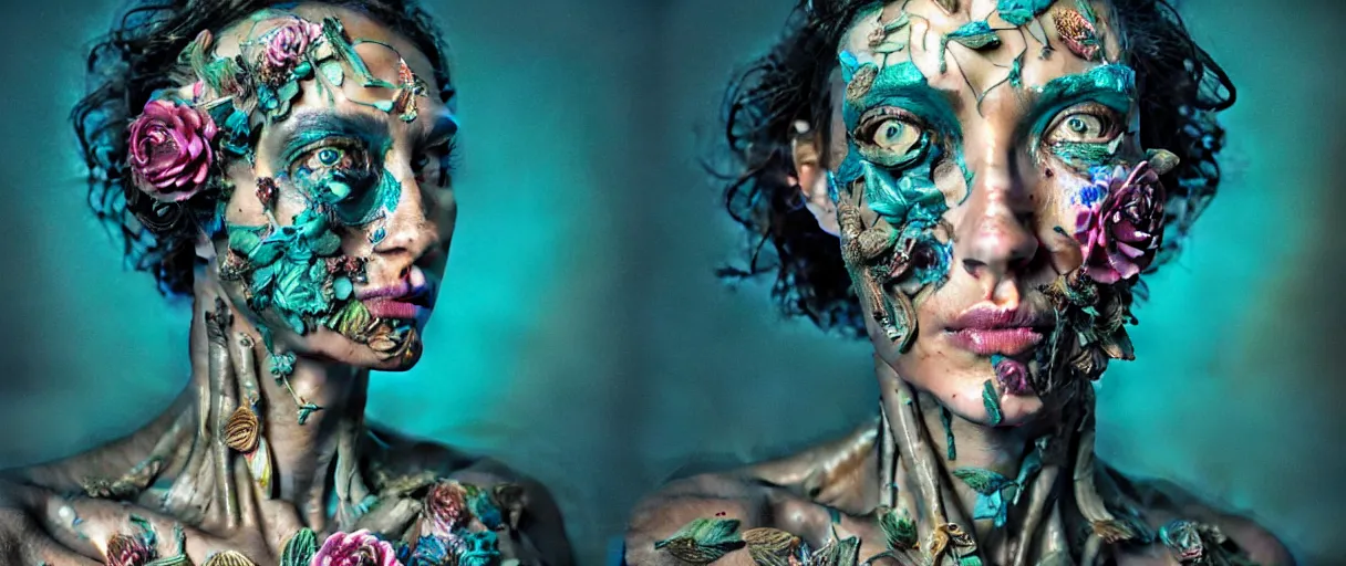 Image similar to hyperrealistic hyper detailed neo-surreal 35mm portrait of cyborg covered in rococo flower tattoos matte painting concept art hannah yata very dramatic dark teal lighting low angle hd 8k sharp shallow depth of field