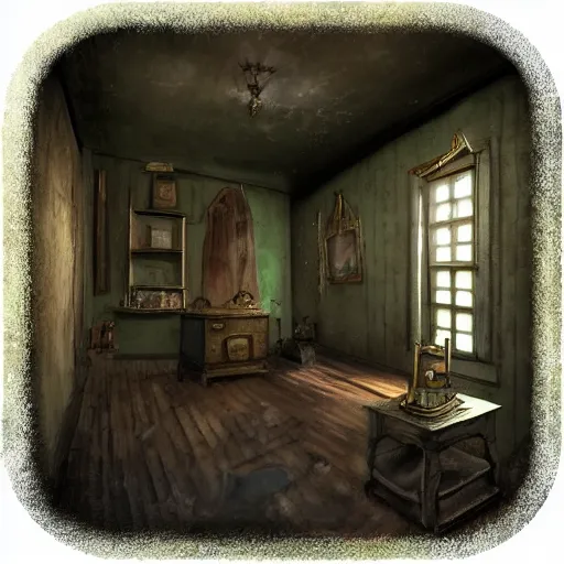 Prompt: room of a dark mansion, objects from ritual in the ground, realistic, highly detailed, background of pt game