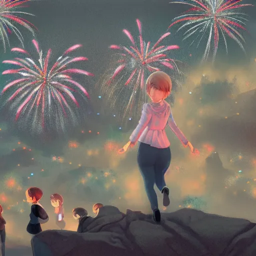 Prompt: girl watching watching fireworks on a hill, digital art, by range murata, akiyuki shinbou, highly detailed, realistic, cinematic, bold colours, photorealism, 4 k