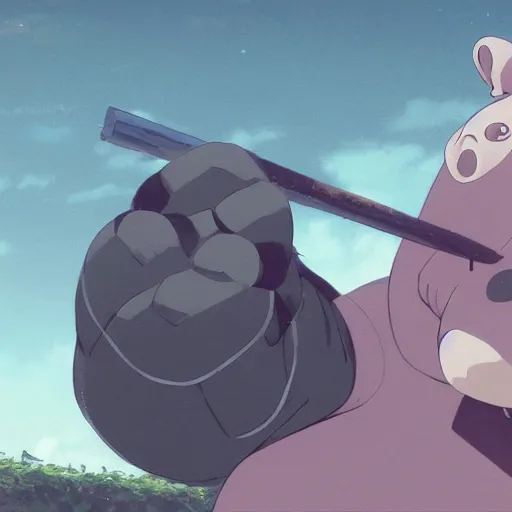 Prompt: a dumb looking hippo wearing a baseball bat, illustration concept art anime key visual trending pixiv fanbox by wlop and greg rutkowski and makoto shinkai and studio ghibli and kyoto animation symmetrical facial features