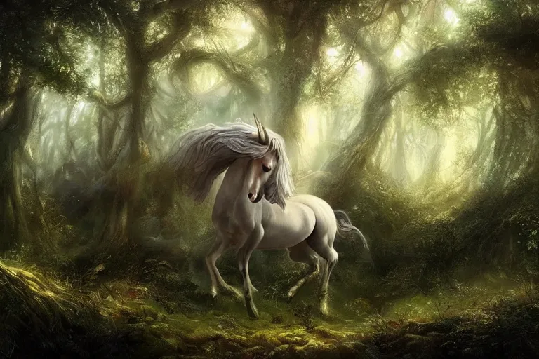 Image similar to fine art painting of a unicorn in a magical forest, artstation, cgsociety, very detailed, intricate, masterpiece, stunning, romanticism