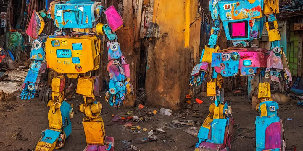 Image similar to colourful - damaged - giant mecha ROBOT of neon lit AJEGUNLE SLUMS of Lagos, markings on robot, Golden Hour,