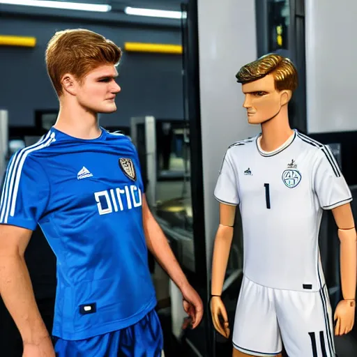 Image similar to a realistic detailed photo of a guy who is an attractive humanoid who is half robot and half humanoid, who is a male android, soccer players martin ødegaard & timo werner, shiny skin, posing like a statue, blank stare, in a factory, on display, showing off his muscles, gold soccer shorts, side view, looking at each other mindlessly