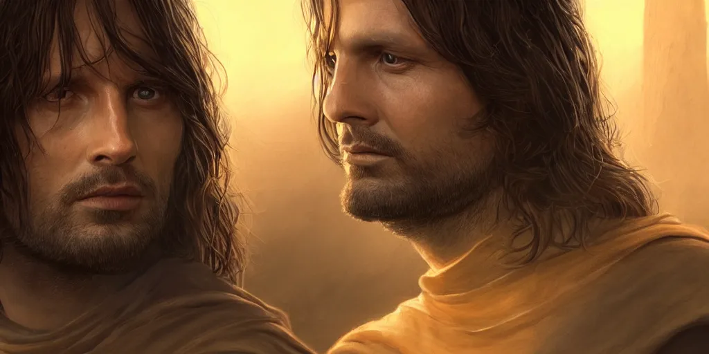 Image similar to Aragorn portrait, golden hour, rim lighting, detailed matte painting, cinematic, Alan Lee, Artstation