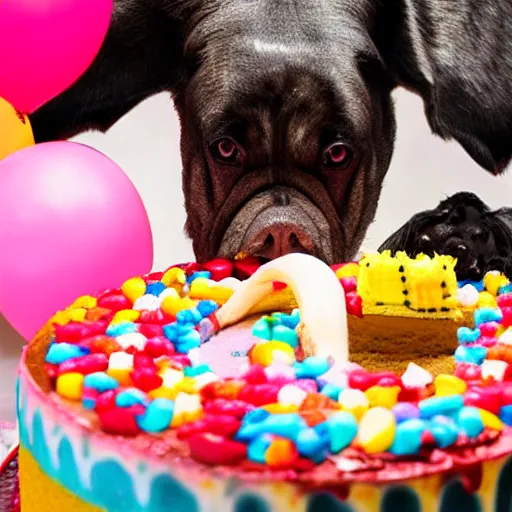 Prompt: large dog eating a birthday cake, photorealistic, 3 5 degree shot, movie still