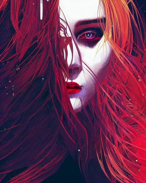 Prompt: glitch art close up portrait intense vampire, flowing hair, glitches, highly detailed, very intricate, graphical errors, art deco, glitch, chromatic aberration, harsh lighting, award - winning, unreal engine 5, illustration by mandy jurgens and alphonse mucha and alena aenami, black and red only!!!, featured on artstation