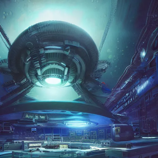 Image similar to Hyperrealistic futuristic lovecraftian, eldritch, cyberpunk space station