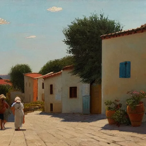 Image similar to a beautiful painting of a mediterranean fishing village in summer by peter ilsted, whitewashed housed, cypress trees, cyan shutters on windows, trending and featured on artstation and behance, people walking down a street