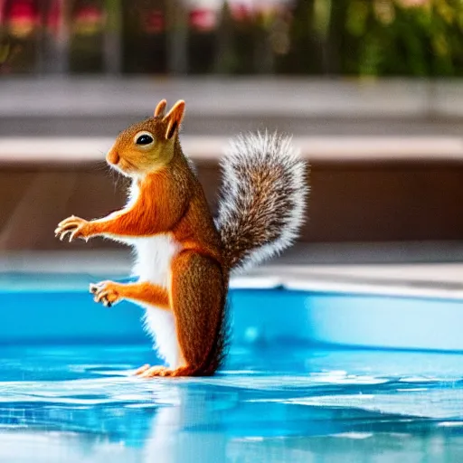 Prompt: A squirrel on fire in a swimming pool