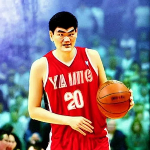 Prompt: yaoming is taking up earth as a basketball