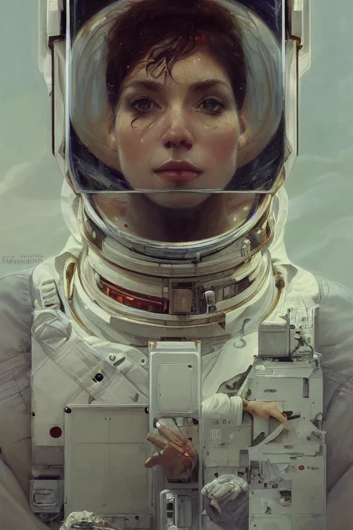 Image similar to A full portrait of a 2001 Space Odyssey Astronaut, intricate, elegant, highly detailed, digital painting, artstation, concept art, smooth, sharp focus, illustration, art by Krenz Cushart and Artem Demura and alphonse mucha