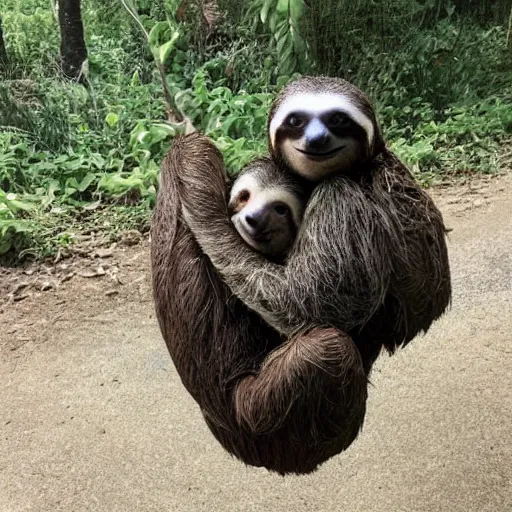 Image similar to a sloth hugging his turtle friend