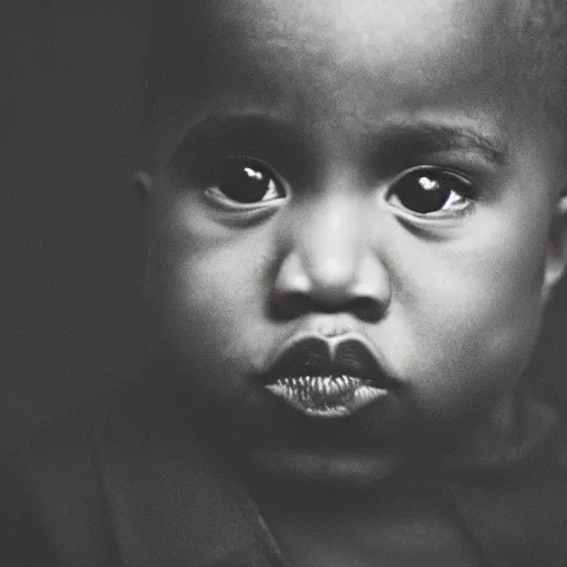 Prompt: the face of kanye west at 3 years old, portrait by julia cameron, chiaroscuro lighting, shallow depth of field, 8 0 mm, f 1. 8