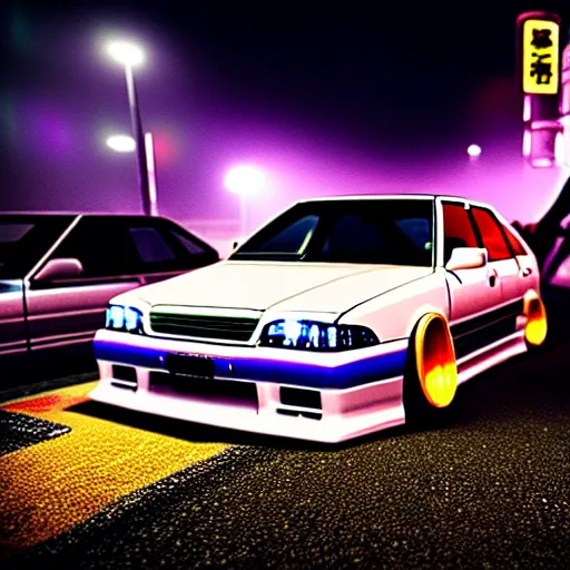 Image similar to a car JZX90 turbo drift at illegal car meet, Chiba prefecture, city midnight mist lights, cinematic color, photorealistic, highly detailed, work wheels, 85MM