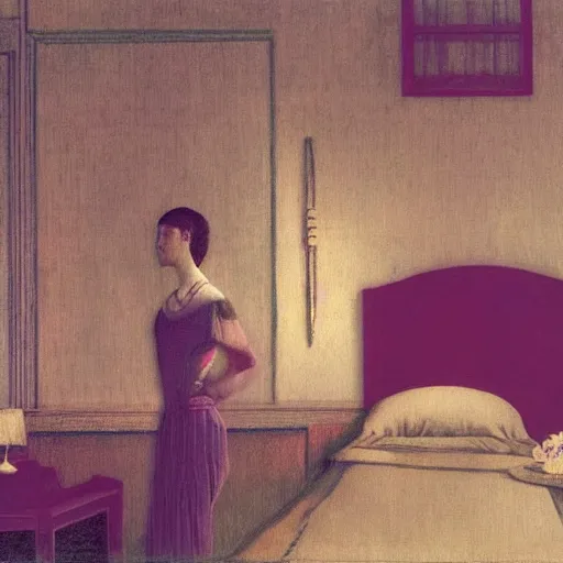 Prompt: a lonely girl in a liminal hotel room, baroque wallpaper, film still by david lynch, depicted by balthus, limited color palette, very intricate, art nouveau, highly detailed, lights by hopper, soft pastel colors, minimalist